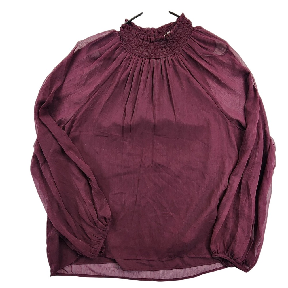 Joie Deep Wine Smocked Mock‎ Neck Blouse XXL Long Sleeve Boho Romantic Sheer Top